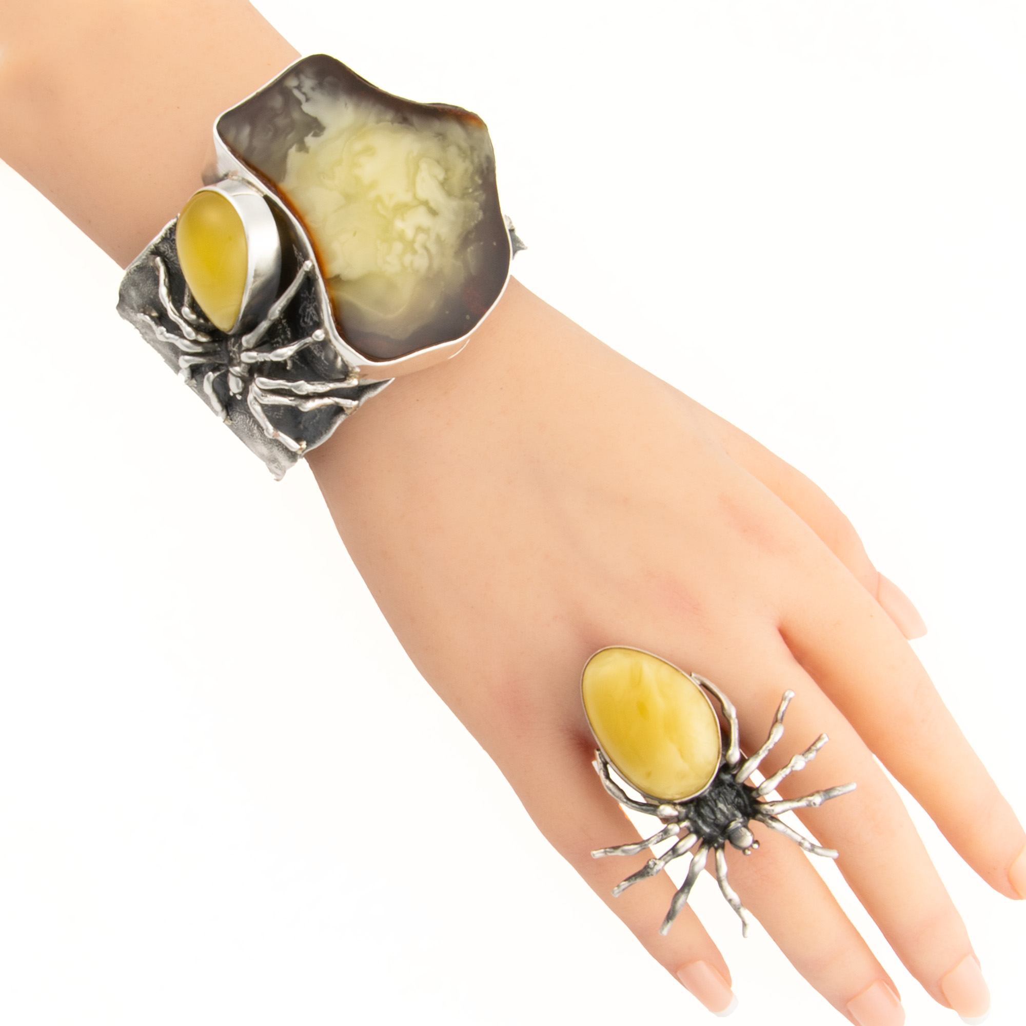 Huge Sterling and Milky Amber Spider Cuff 3